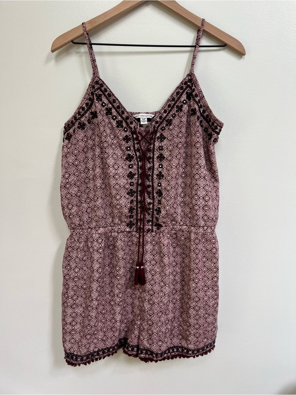 American Eagle Boho Romper XL Burgundy Festival Tassel Romper